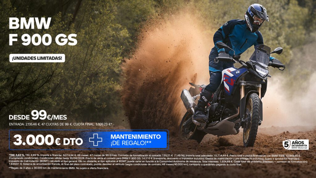 ¡Empieza a vivir aventuras con tu BMW F 900 GS! Llévatela desde 99€/mes*. Descuento de 3.000€ financiando con BMW Bank y 5 Años de Garantía Motorrad