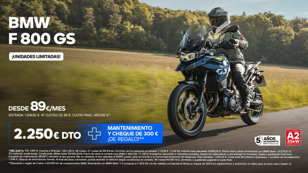 BMW F 800 GS desde 89€/mes* Ahora con descuento de 2.250€ + Mantenimiento + Cheque de 300€