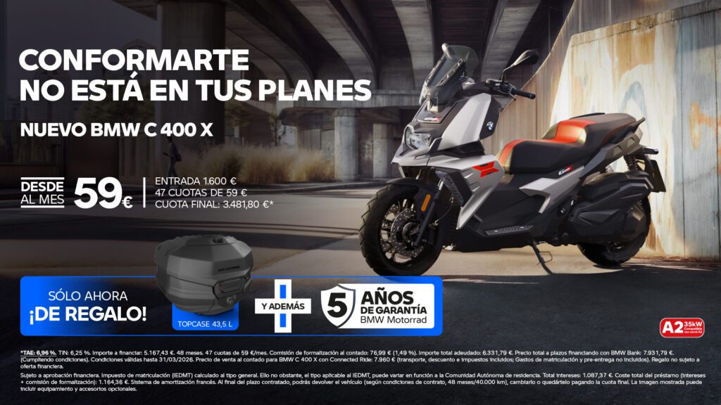 ¡Domina las calles con tu BMW C 400 X! Llévatela desde 59€/mes* con TOP CASE de Regalo y 5 años de garantía